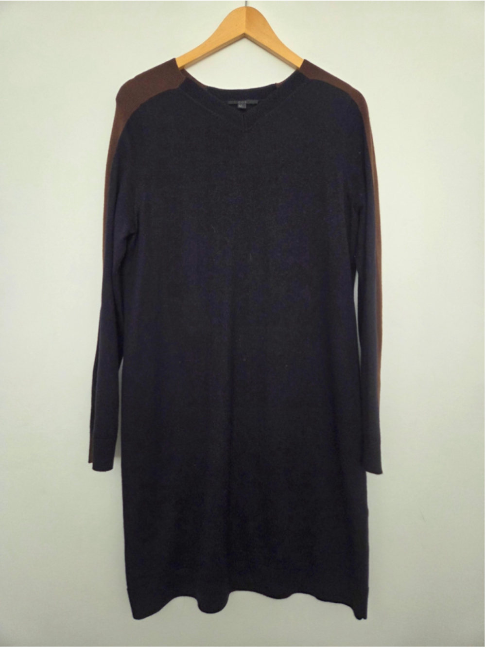 COS Navy Brown 100% Merino Wool Knit Sweater Dress Medium Minimalist Stripe